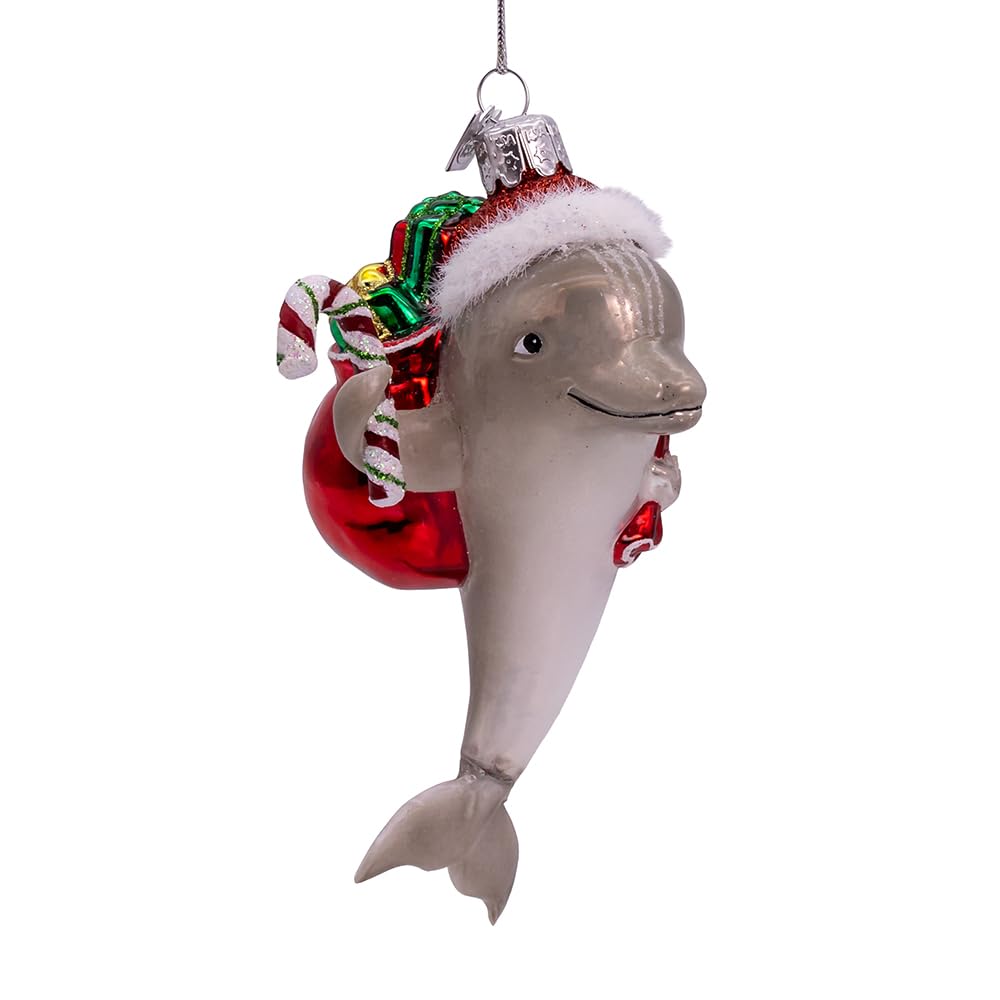 Kurt S. Adler Grey Kurt Adler 5.25-Inch Noble Gems™ Glass Dolphin With Santa Hat & Gifts Ornament
