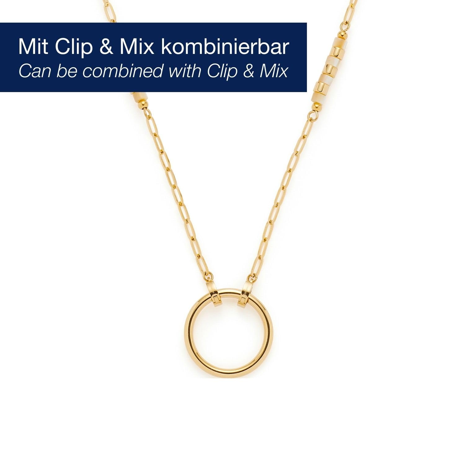 JEWELS BY LEONARDO Halskette Clip & Mix Caronna • lange Paperclip-Kette aus goldfarbenem Edelstahl • aufgereihte Perlmut- und Edelstahlelemente • 70-72,4 cm Länge • Geschenk für Frauen • 024917