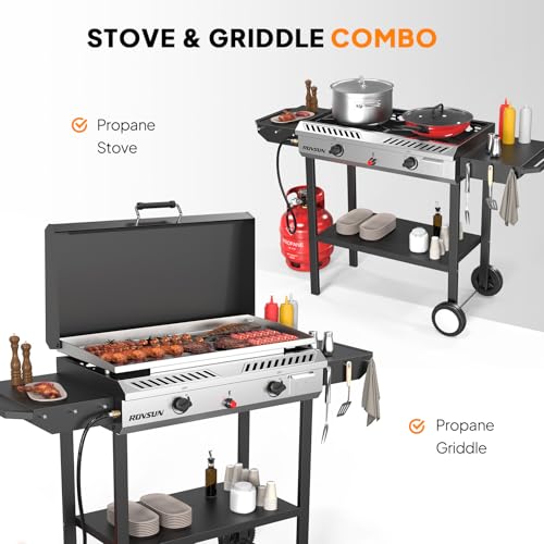 image for ROVSUN 2 Burner Outdoor Propane Gas Stove with Griddle, Auto-ignition,