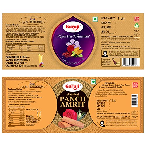 Image of Shree Guruji Kesaria Thandai & Panchamrit Sharbat Combo Pack Milk Beverage Instant Refreshing Drink for Summer Dry Fruit Syrup (1 Litre)