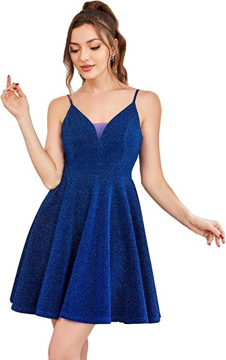 Sparkle V Neck Short Homecoming Dresses Sleeveless Spaghetti Straps A-Line Mini Prom Dress Cocktail Dress R040