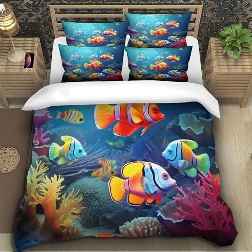 Parure de lit 3d poissons housse de couette microfibre 140x200cm - 5