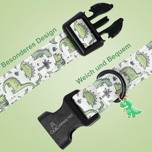 ARING PET Hundehalsband, Hundehalsband mit Grünen Dinosauriern Bedruckt, Niedliches Halsband aus Baumwolle mit Schnellverschluss aus Kunststoffschnalle für Jungen und Mädchen Hunde
