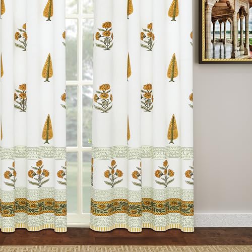 Image of BLOCKS OF INDIA Hand Block Printed Cotton Daylight Curtains with Eyelets | Mustard Green Paisley, Door- 7 Feet (Pack of 2)
