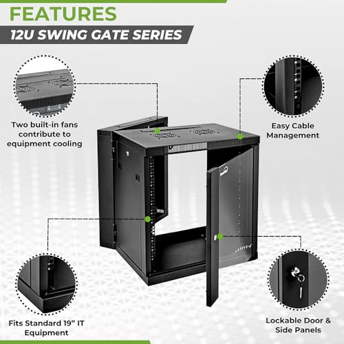 Image of NavePoint 12U Cabinet with Hinged Back - 17.7 inch Deep, Server Rack Enclosure with Locking Glass Door, Wall Mount Rack with Removable Side Panels, Network Cabinet with 2 Fans, Assembled