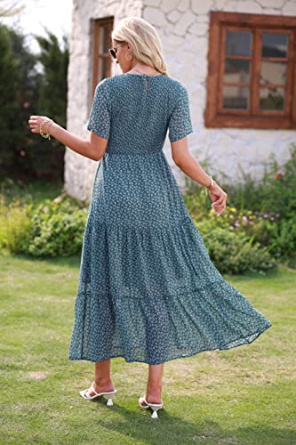 Image of BTFBM Women Casual Short Sleeve Crew Neck Summer Dress Bohemian Floral Printed Flowy Maxi Dresses Tiered Cocktail Dress