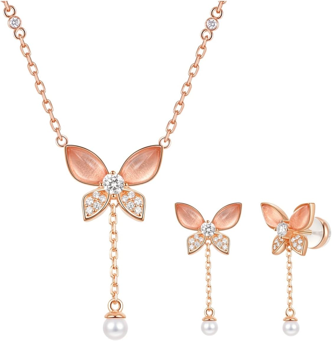 Jewelry Collection LAB Grown Diamond Crystal Butterfly Necklace and Stud Earrings