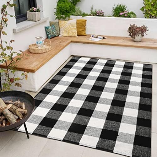 KIMODE Buffalo Plaid Outdoor Indoor Rug Doormat 3' x 5', Cotton Woven Outdoor Door Mat Washable Farmhouse Checkered Porch Rugs for Front Kitchen Bathroom