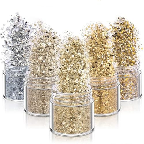 SensaBliss グリッター 容器入り ネイルパーツ キラキラ ネイルアート ラメグリッター ラメパウダー ネイルパウダー スパンコール 顔飾り/ヘア飾り レジンパーツ 工芸品 手芸 Diy用 クリスマス/パーティー/舞踏会 メイク用品 5個セット (ゴールド)のサムネイル