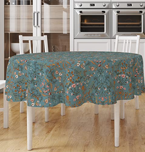 Boho Bohemian Farmhouse Teal Blue And Orange 90” Round Oval Tablecloth Decorative Cover Tabletop Dining Room Kitchen Linens Wildflower Garden Floral Botanical Cottagecore Flower Print Vintage #TOP4