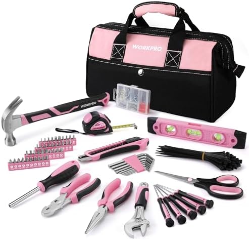 WORKPRO Pink Tool Kit, 263-Piece Home Repairing Tool Set with Wide Mouth Open Storage Bag, Household Tool Kit - Pink Ribbon