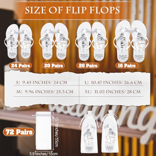 Cuffbow 72 Pairs Bulk White Flip Flops for Wedding Sandals for Guest Bridesmaid Sandals Bride Flip Flops Hotel Guest Spa Slippers with Size Cards Organza Bags for Wedding Pool Party2