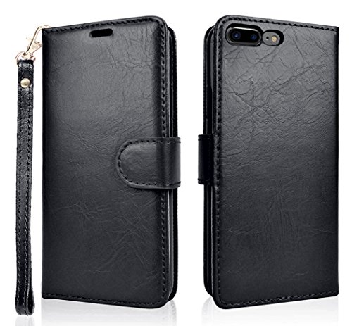 iPhone 7 Plus Case, iPhone 8 Plus Case, Genuine Leather Wallet Case with Detachable SlimCase, Feceir Luxury Series, Magnetic Closure, RFID Protection, 2-Way Stand, Gift Box (Black)
