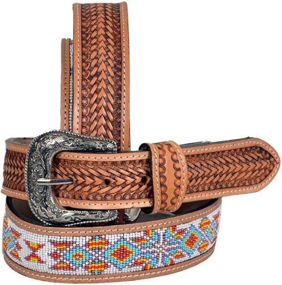 Beaded Leather Belt Handmade Men's Quality Thick Durable Wax Colorful Designs Cowboy Western Style Alloy Classic Fitted Casual Formal Wear in Pant Trouser Jeans Size: Waist 31-34in - Length 39in