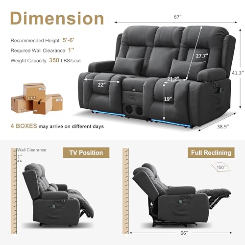 Image of URRED Power Loveseat Recliner Sofa with Massage and Heat, Wall Hugger Reclining Loveseat with Console, RV Couch Home Theater Seating with LED Lights for Living Room (Gray, 67 inch - 2 Seats)