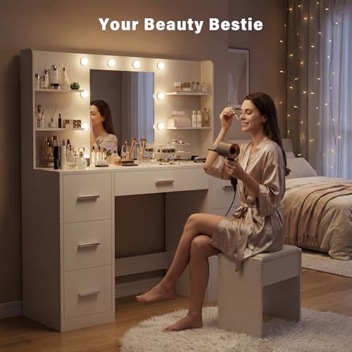 Image of Furmax Vanity Desk with Mirror, LED Lights and Power Outlet Makeup Vanity Table with 7 Drawers and 6 Storage Shelves Dressing Table for Bedroom Dressing Room (Bright White)
