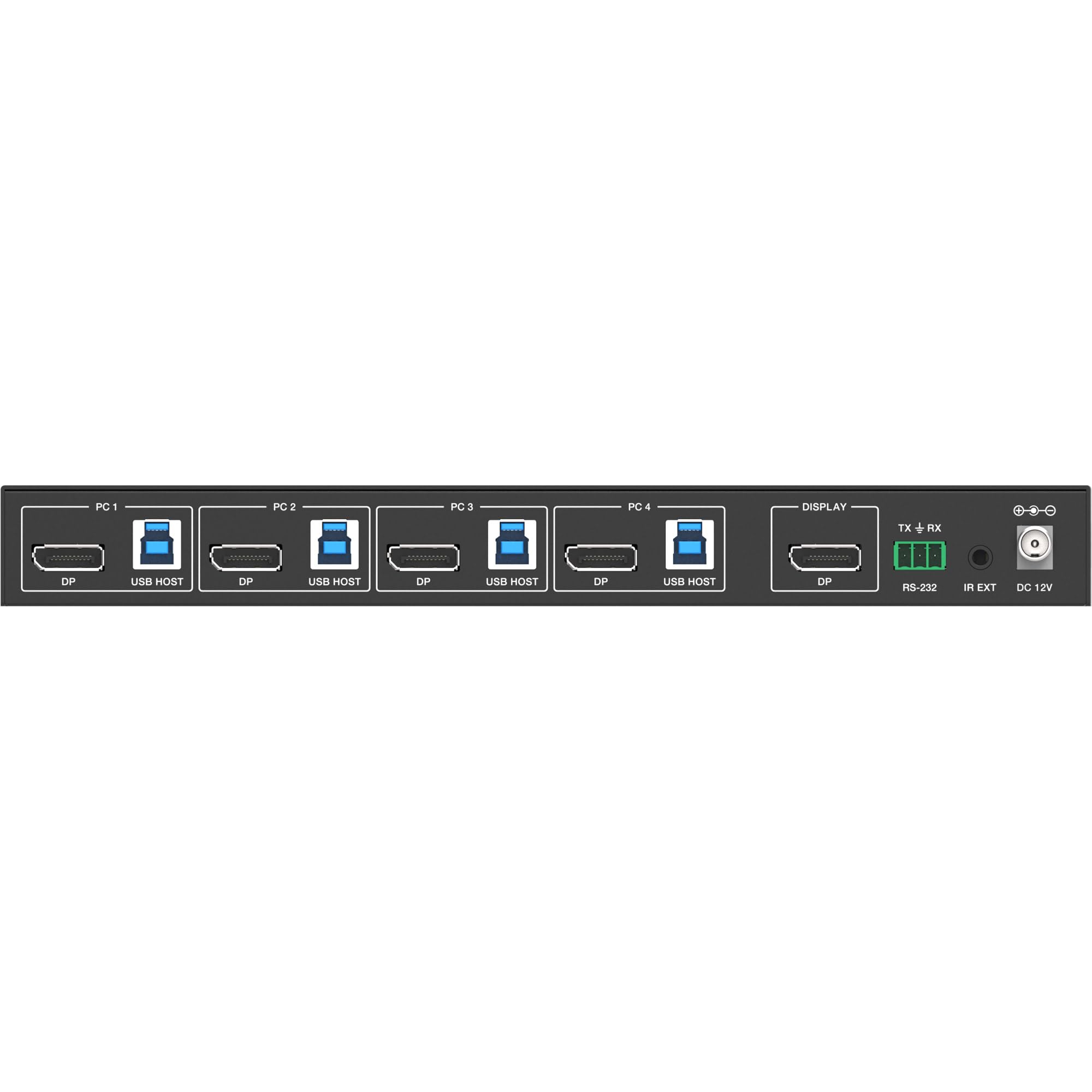 Inline DisplayPort KVM Switch 4 Porte 4K 60Hz DP 1.4a USB RS232 | 4 computer tramite una postazione di lavoro, 4K 60 Hz, USB KVM, hotkey, controllo IR e RS232, alloggiamento in metallo