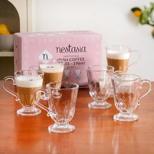 Image of Nestasia Set of 6 Transparent Glass Tea Cups (196ml Each) - Fluted 100% Food Safe & Chip-Resistant Glass Set | Perfect for Irish Coffee, Tea, Hot & Cold Beverages