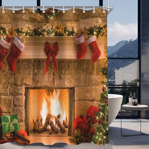 Lerores - Rideau de douche - Chaussettes de Noël, 200 x 200 cm - Ourlet lesté - Textile anti-moisissure - Imperméable - Lavable - En polyester - Rideaux de bain avec oeillets et 12 anneaux de rideau