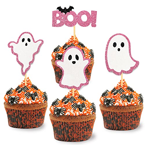 24 Pack Glitter Halloween Ghost Cupcake Toppers - Halloween Baby Shower Cupcake Toppers Decor Halloween Gender Reveal Decorations (Pink) #TOP21