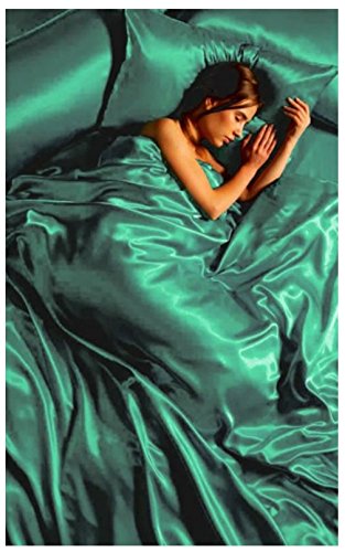 Lizzy Magnifique parure de lit 6 pièces en satin de soie avec drap-housse, housse de couette et 4 taies d'oreiller (très grand lit, bleu sarcelle)