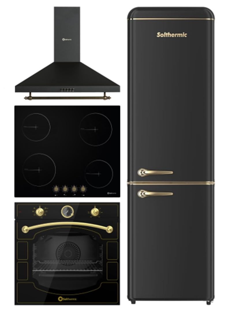 SOLTHERMIC PACK 4 EN 1 NEGRO RUSTICO PLACA VITRO 4 FUEGOS PVTC60 59x52cm / 9 niveles + CAMPANA DECORATIVA 60 CM 400m3 + HORNO EXTRA AMPLIO 78L TURBO + COMBI 2 P F2PR188N 1,88 cm x 55 de ancho