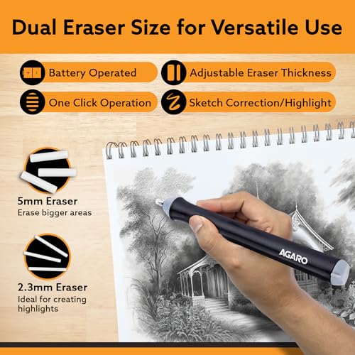 Image of AGARO Electric Eraser ER2498, 2.3mm & 5mm Eraser, Automatic Correction & Highlighting, for Sketching, Drawing, Portrait Shading, 22 Refills, 2 Eraser Holders, (Batteries not Included), White