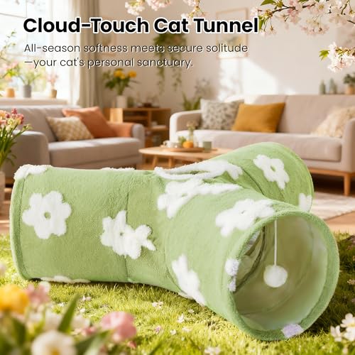Image of Tempcore Flannel Cat Tunnel for Indoor Cats, 3 Way Collapsible Pet Play Tunnel with Teaser Wand, Peek Holes & Hanging Ball, Interactive Tube for Kittens & Rabbits, Daisy Green