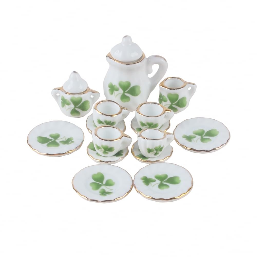 NW 1 Set 15 Pieces 1:12 Ceramics Tea Cup Set Lovely Dollhouse Decoration Set Dollhouse Kitchen Accessories(#6)