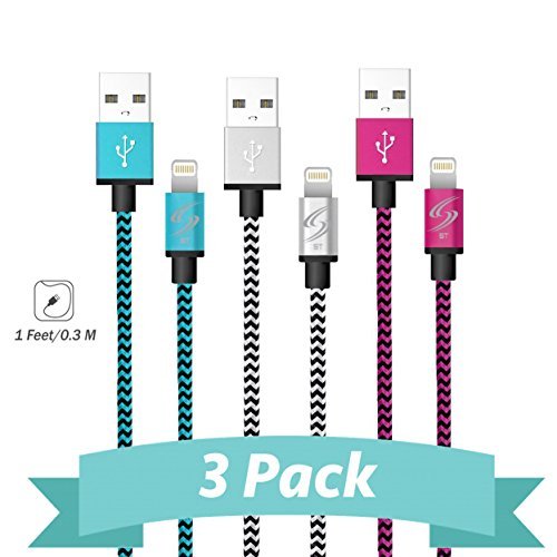StyleTech Inc. Nylon Braided 1 Feet 8 Pin Cable Certified USB Syncing Data Cord Charger Compatible with iPhone X/8/7/6s/6/5/5s/SE/Plus iPad Mini Air Pro (3.) Blue - White - Pink
