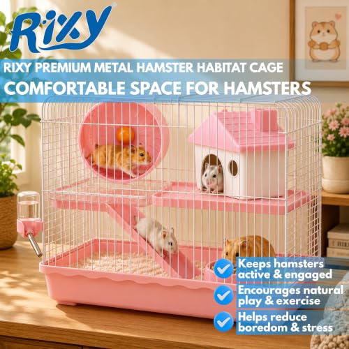 Image of Rixy Metal Hamster Cage (Colour May Vary) | Habitat Cage with Free Bath Sand (200 g) + Exercise Wheel (1) + House (1) + Slide (1) + Food Cup (1) + Water Bottle (1) for Hamsters, Gerbils & Small Pets