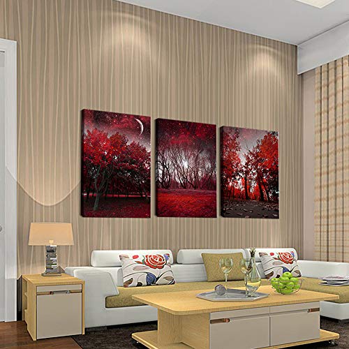 Cao Gen Decor Art-Ah40368 Canvas Prints 3 Panels Wall Art Red Trees Paintings Printed Pictures Landscape Stretched And Framed For Bedroom Living Room Office Kitchen Home Decor Ready To Hang #TOP2