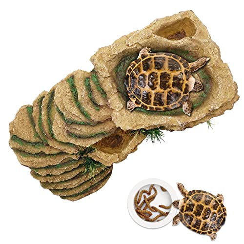 Paulozyn Reptile Shale Scape Step Ledge Ramps Turtle Basking Platforms Hide Cave 12.6In Large Rock For Reptile Aquarium Bearded Dragon Chameleon Tortoise Lizards Resin, With Ceramic Food Dish Bowls #TOP5