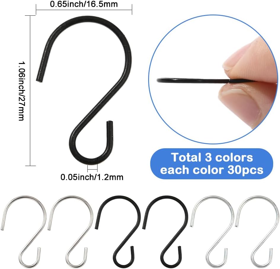 90Pcs 3 Colors Metal Black S Hooks Heavy Duty S Shaped Hooks 1 Inch Iron Colorful Small Hanging Non Slip Mini Connectors Ornament Accessories for Curtain Coated Plants Pots Pans DIY Hangers image 2