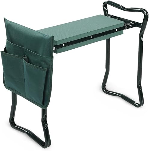 G-PLUS Taburete plegable de jardín para arrodillarse, cojín suave, almohadilla de asiento y bolsa de herramientas, plegable al aire libre,