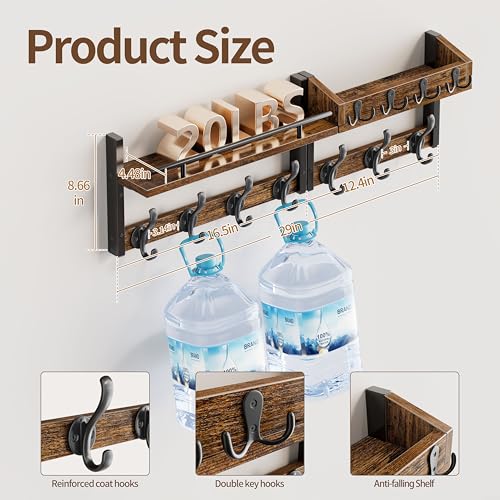 Image of 29 inch Coat Rack Wall Mount with Shelf, Entryway Wall Shelf with Hooks, Heavy Duty Coat Hanger Wall Mount with Key Holders and Mail Organizer for Living Room, Bedroom, Black & Brown