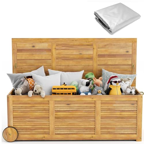 GIANTEX Auflagenbox Kissenbox Akazien Holz 182L, Gartenbox Aufbewahrungsbox mit Rollen, Kissentruhe Gartentruhe mit Innentasche, Auflagentruhe Garten Holztruhe mit Griff, Gartenbank 127x50x45 cm