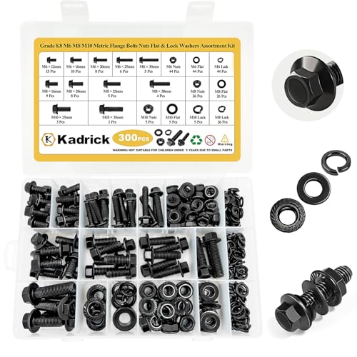 KADRICK 300PCS Flange Hex Bolt Kit. M6 x1.0 M8 x1.25 M10-1.25(12mm to 35mm)