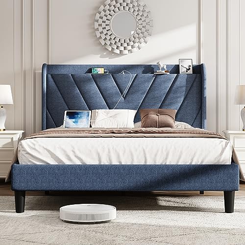 Image of koorlian Queen Bed Frame with Headboard, Adjustable Upholstered Platform Bed Frame with Type-C&USB Ports, Wingback Storage Headboard, Solid Wood Slats Support, No Box Spring Needed, Dark Blue