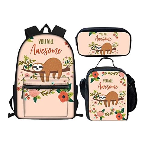 YuuHeeER 3PCS Girls Backpack Set Cute Bookbag Sloth Awesome Print Kids School Pink Cover