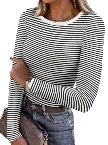 ANRABESS Women Long Sleeve Shirts Rib Knit Slim Fit Tops