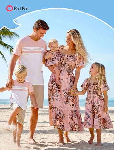 Image of PATPAT Family Matching Outfits Mommy and Me Dresses Floral Dress & T-Shirts | Mommy and Me Easter Dresses, Puff Sleeve Floral Sundress, Cotton Blend T-shirts, Couples Party Wedding Vacation Outfits