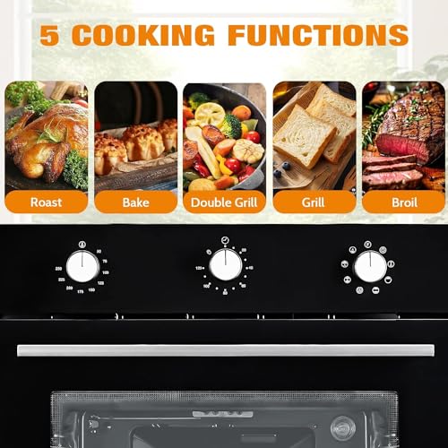 Single Wall Oven 24" Built-in Electric Ovens with 5 Cooking Modes, 3000W, 240V, 2.5Cu.f Convection Wall Oven in Stainless Steel with Bake Broil Rotisserie Functions - Air Frying Mode, Timer, Knobs