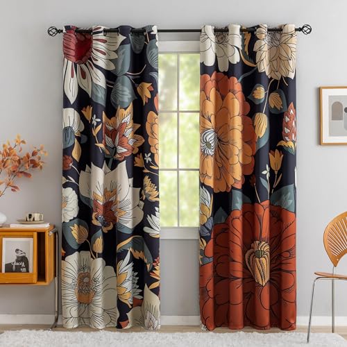 Tyrot Black Boho Floral 100% Blackout Curtains for Bedroom 84 inch Long 2 Panels Mid Century Botanical Black Out Curtains for Living Room Grommet Thermal Insulated Room Darkening Window Drap