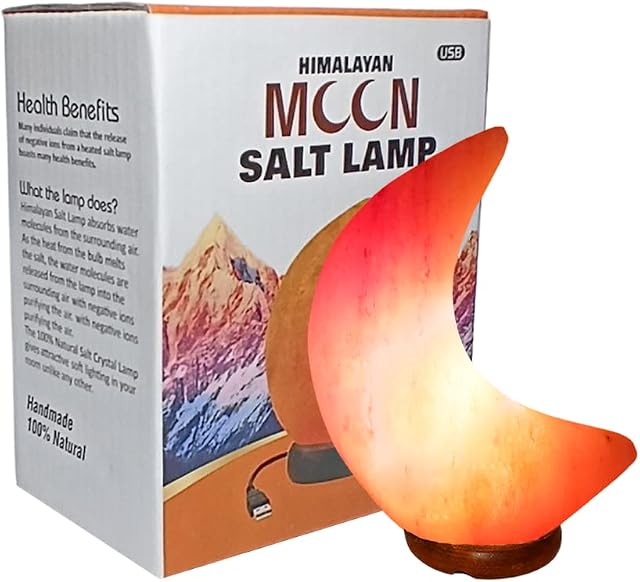 Pak Salt Mines USB Moon Shape Himalayan Salt Lamp Pink Rock Crystal Light,Hand Crafted from Foothills of Himalayas Comes w/ Complete Fitting Wooden Base (USB Moon Shape Salt Lamp),Multicolour