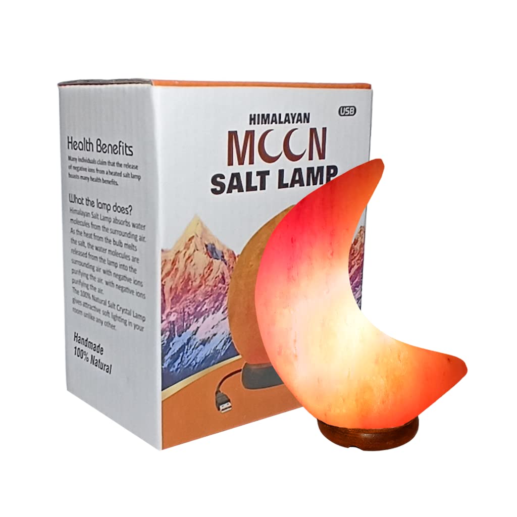 Lámpara de sal del Himalaya con forma de luna USB, luz de cristal de roca rosa, calidad natural, hecha a mano a partir de las estribaciones del Himalaya, viene con base de madera de ajuste completo