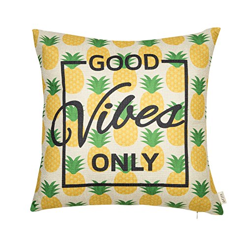 Fjfz Spring Summer Decoration Good Vibes Only Pineapple Motivational Sign Inspirational Décor Cotton Linen Home Decorative Throw Pillow Case Cushion Cover For Sofa Couch, Gold Yellow, 18" X18" #TOP4
