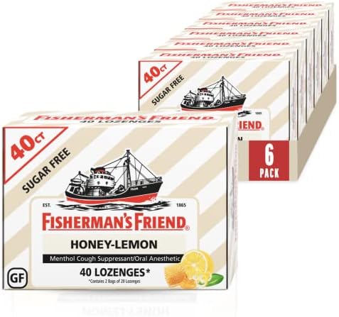 Fisherman’s Friend Cough Drops, Cough Suppressant and Sore Throat Lozenges, Sugar Free Honey-Lemon, 5.52mg Menthol, 240 Drops (6 Packs of 40)