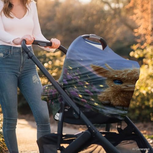 Image of Wanyint Car Seat Cover for Boys Girls, Nursing Carseat Canopy Baby Breastfeeding Cover Multi-Use Nursing Scarf Infant Stroller Cover, Highland Cow Night