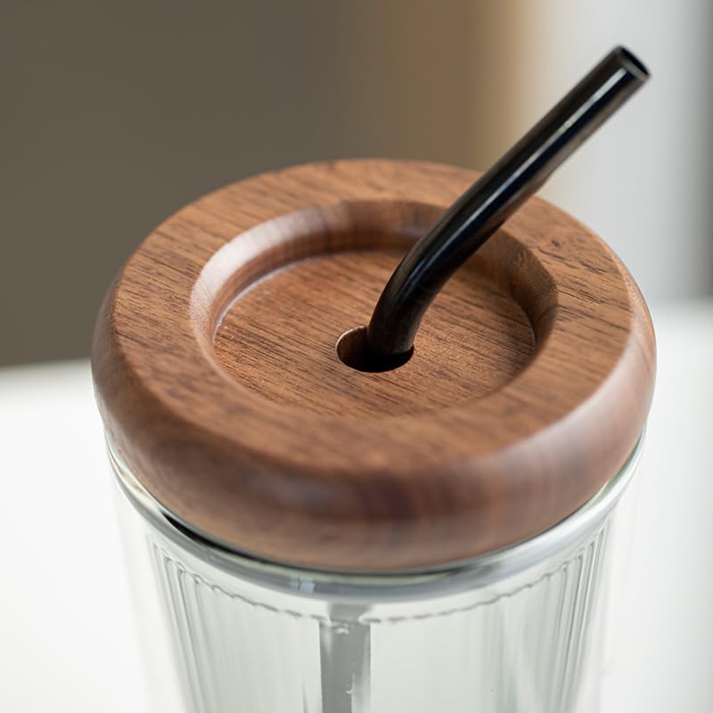 Vinebeautifulフラット真空断熱二重カバー付き400-500 ml耐熱付き二重カップ木製カバー耐寒性透明就職祝い誕生日ギフ